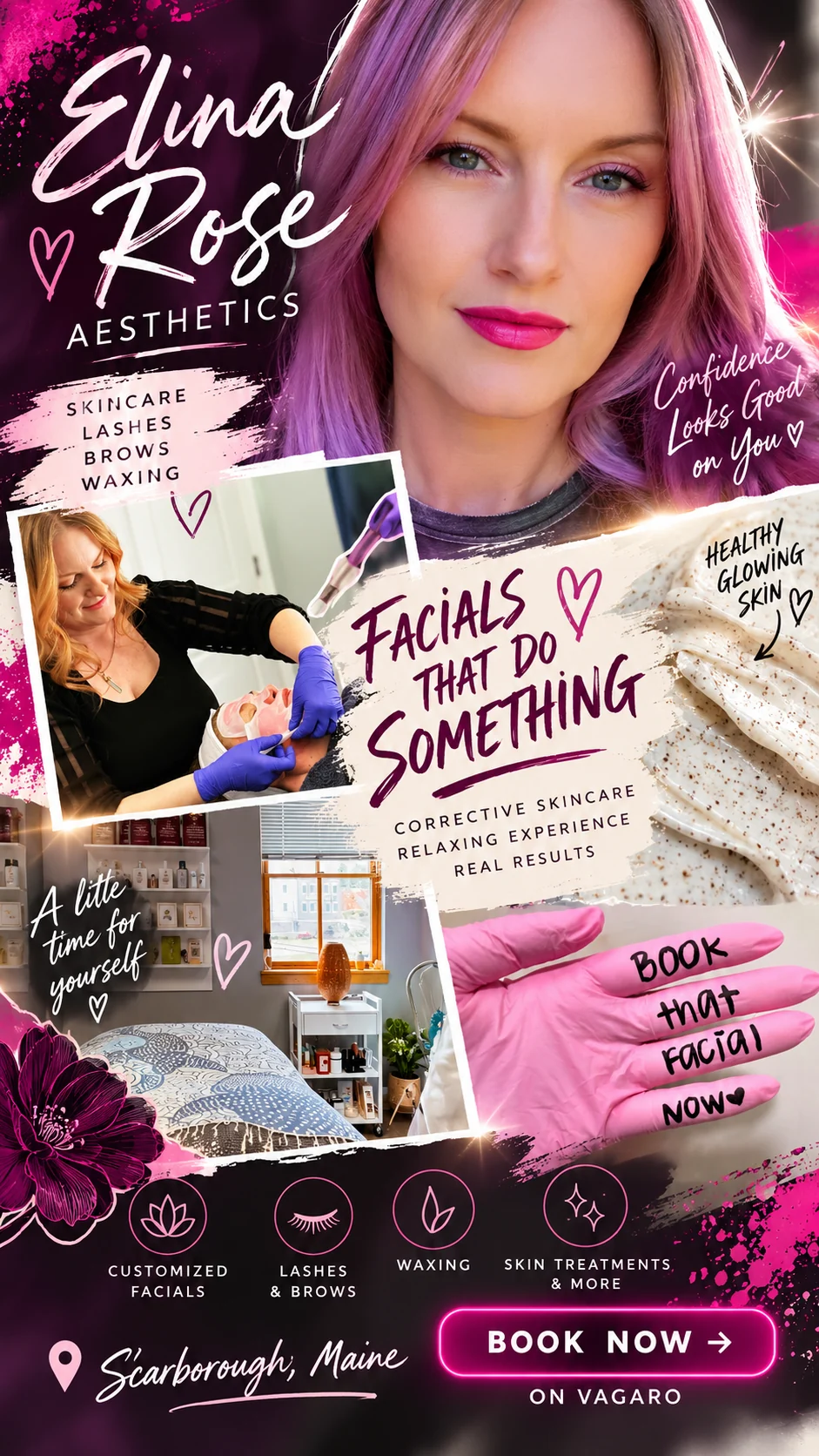 Elina Rose Aesthetics illustrated beauty-service collage featuring Elina, treatment imagery, and booking information